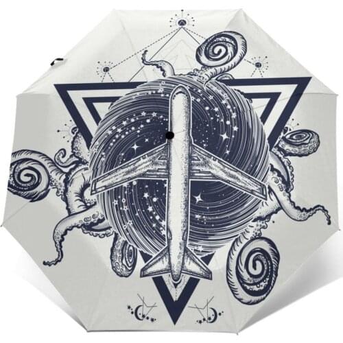 Automatic Umbrella Rain Women Three-folding Umbrella Airplane And Cthulhu Kraken Octopus Windproof Waterproof parasol