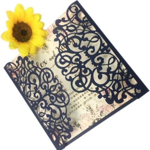 Free Shipping 1X White Navy blue Fold Hollow Laser cut castle Pocket Wedding Invite Invitation Cardwedding invitations gem