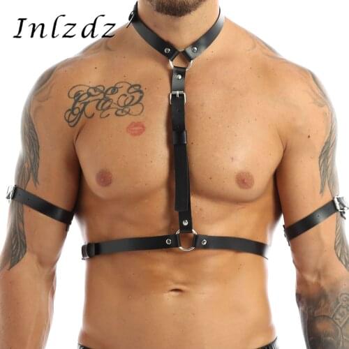 Black Mens Punk Gothic Metal O-Ring Haler Body Shoulder Chest Belt with Armband Adjustable Buckle PU Leather Harness