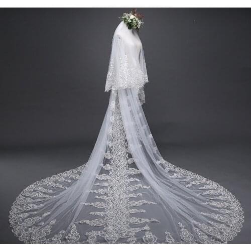 4m*3m Long Wedding Veil Ivory Bridal Veils with Comb Soft Tulle with Floral Applique