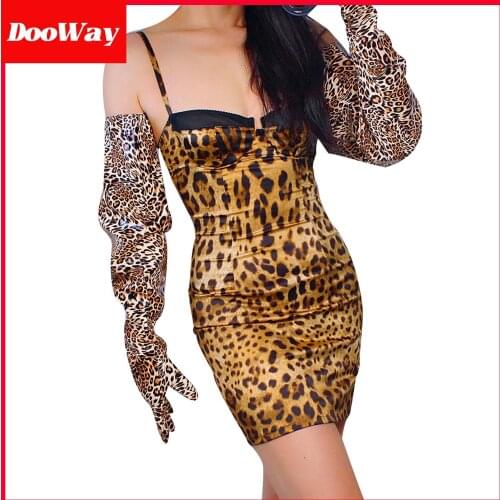 DooWay Unisex Leopard Oversize Long Gloves Sexy Faux Leather PU 27 inch Wild Wide Balloon Puff Sleeves Large Over Coat