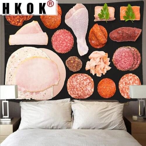 HKOK Gourmet Meat Sausage Pattern Tapestry Large Art Tapestry Psychedelic Wall Hanging Beach Towel Polyester Fiber Thin Blanket