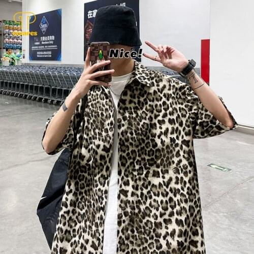 TAVARES Men Casual Shirts Summer Short Sleeve Leopard Shirt Hawaiian Beach Brown Oversized Cardigan Tops