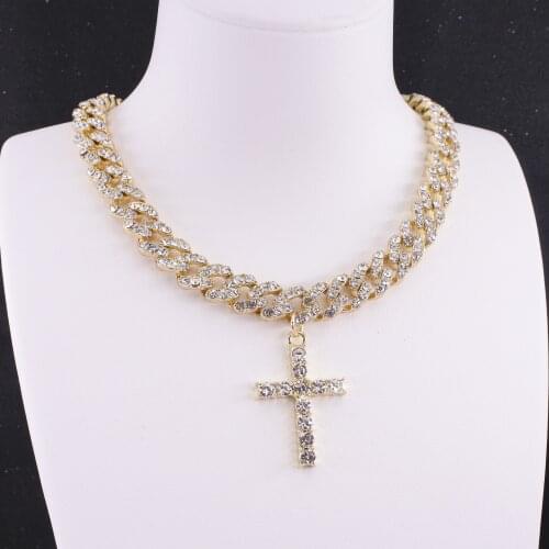 Cross pendant 10mm hip hop miami cuban link chain mens iced necklace womens rapper singer crystal jewelry religion rock roll