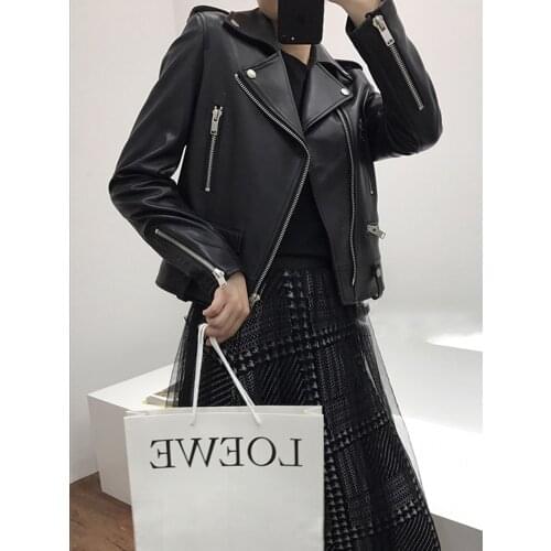 Spring Long Sleeve Genuine Leather Jacket Black Fashion Motorcycle Biker Leather Outerwear