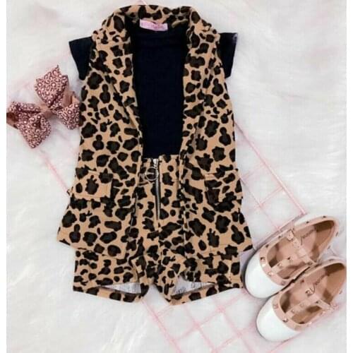 Emmababy Summer 2021 Toddler Baby Girl 3PCS Clothes Outfit Sleeveless Leopard Shirt+Tops T-Shirt+Short Pants Set