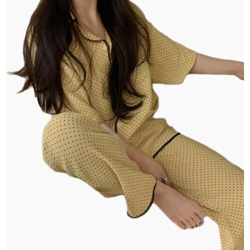 Polka Dot Fashion Summer Pajamas Women New Short Sleeve Trousers Set Lapel Cardigan Two Piece Pijamas Suit Korean Pyjama Femme