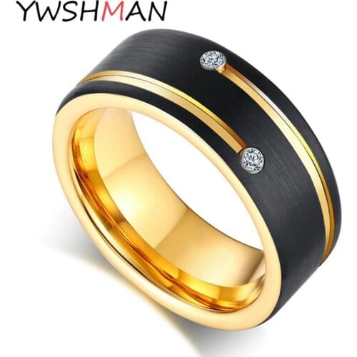 Custom Name Ring for Men Black Titanium steel Wedding Band with Gold Tone Lines AAA CZ Stones Gent Anel