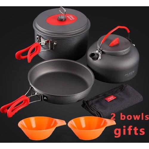 NEW Non-Stick Aluminum Camping Cookware ALOCS Ultralight Outdoor Cooking Picnic Set Camp Pot Pan Kettle Dishcloth For 2-3 People