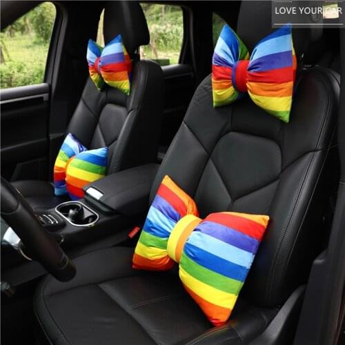 New car headrest cute rainbow bow car pillow neck pillow creative car lumbar pillow