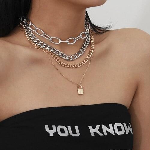 New Vintage Fashion Metal Thick Chain Lock Pendant Necklaces For Women Multilevel Gold Silver Color Punk Chains Female Jewelry