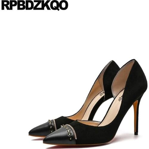 Shoes Size 4 34 Stud Designer Heels Women Luxury 2017 Sandals 33 Black Patent Leather Rivet Runway High Pointed Toe 3 Inch Pumps