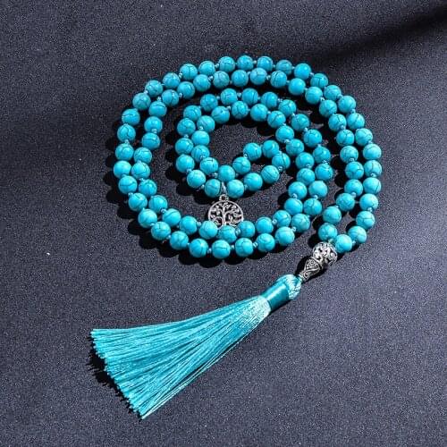 8MM Turquoise Knotted Japamala Necklace Meditation Yoga Spirit Jewelry 108 Mala Beaded Mens and Womens Holiday Gift