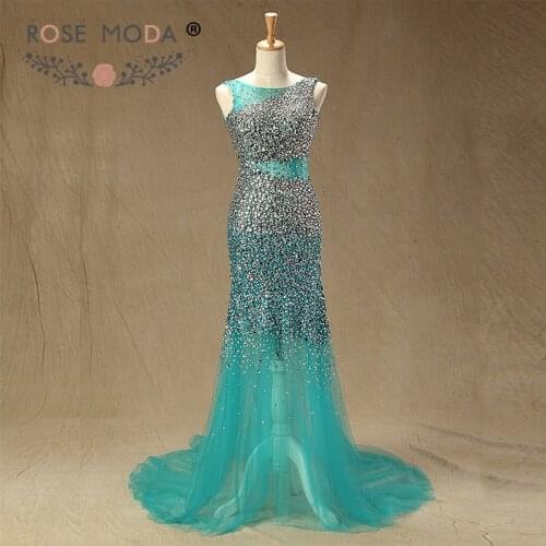 Rose Moda Sparkly Fully Crystal Beaded Teal Prom Dress Reflective Dresses 2019