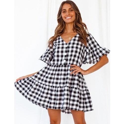 Ardm Casual V Neck With Button Plaid Black Summer Dress Ruffled Short Sleeve Loose Mini Dress