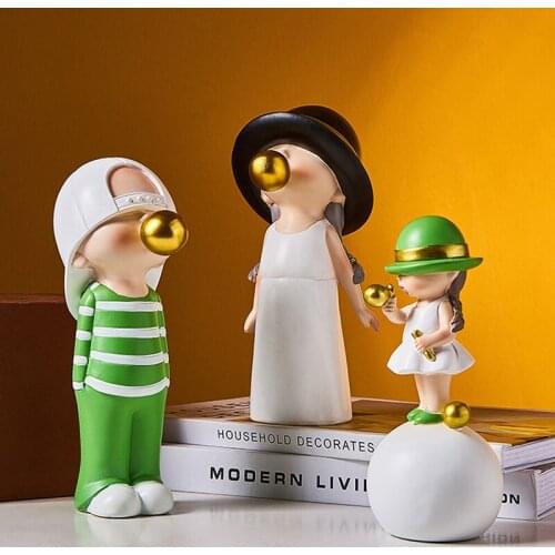 Nordic Ins Blowing Bubble Girl Boy Resin Art Statue Gift Salon Sculpture Ornaments Art Home Furnishing Crafts Decoration