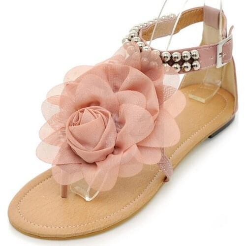 Thenew Seaside Bohemia Sandals Fashion Flowers Beaded Casual Buckle Strap Cover Heel Flat with Toe Low (1cm-3cm) Wasthin Concise