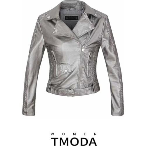 TMODA251 New Autumn Witner Streetwear Women Motorcycle Faux PU Leather Gray Jackets Lady Biker Outerwear Zipper Coat With Belt