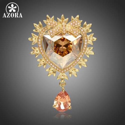 AZORA Heart Austrian Crystals Water Drop Brooch Autumn Winter Fashion Brooches for Women New Design Wedding Bouquet Pin TP0107