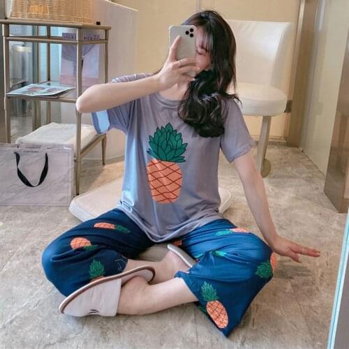 Cute Skin-friendly Pajamas for Women Short-sleeve Top +Pant Summer Sleepwear Nightwear 2Pcs