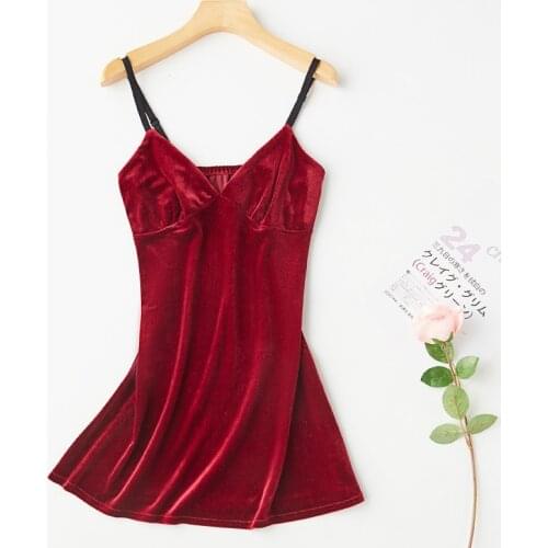 Burgundy Womens Velour Spaghetti Strap Nightgown Sexy V-Neck Backless Nightdress Spring Autumn Short Sleepwear Lounge Home Dress