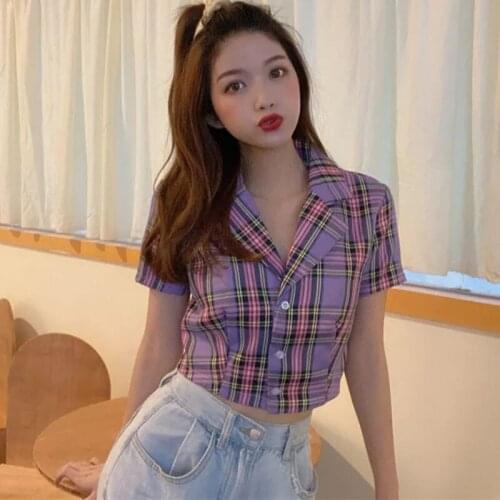 Womens Plaid T Shirt Fashion Casual Lapel Short Sleeve T Shirt 2020 Summer Single-breasted Crop Tops