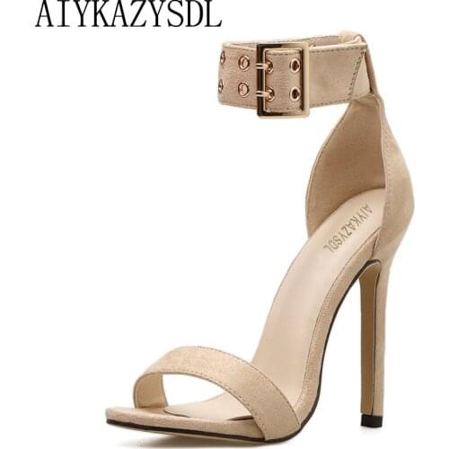 AIYKAZYSDL Sexy 2018 Women Sandals Buckle Ankle Strap Thin Heel Open Toe Basic Solid Summer Flock Shoes Woman High Heel Stiletto