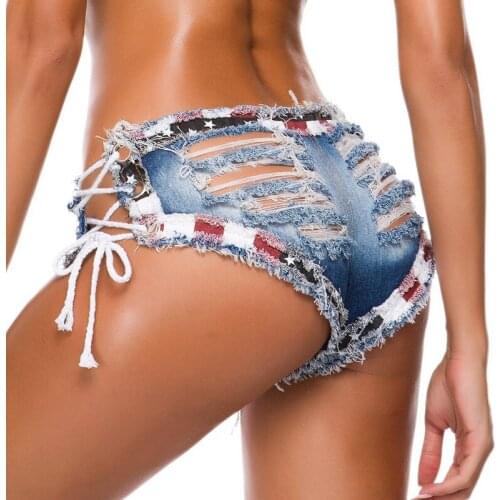 Women Summer Sexy Lace up ripped Shorts Jeans High Waist Hole Shorts Pole dance Clubwear Push Up Skinny Denim booty mini shorts