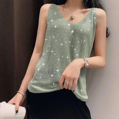 Womens Spring Summer Style Tank Tops Womens Elegant Sequined Sleeveless Solid Color Spaghetti Strap Elegant Korean Tops DD8525