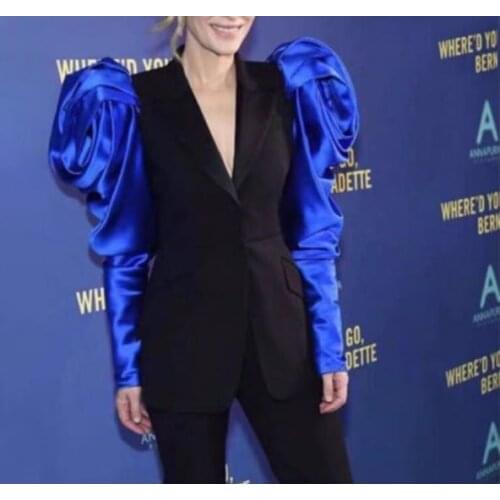 Patchwork Hit Color Womens Blazer Puff Sleeve Notched Female Blazers 2021 Autumn Plus Size Fashion New Clothing S-XXL