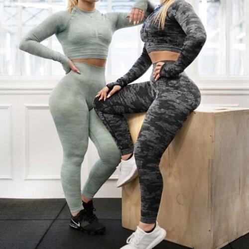 2019 Yoga Set Women Seamless Camouflage Long sleeves Crop Tops High Waist Leggings Fitness Sports GYM Camo Suits Workout pants