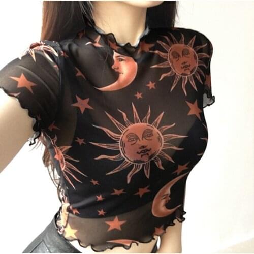 New Fashion Women Mesh Sheer See-through Short Sleeve Crop Top Ladies Turtleneck Moon Stars Black Mesh T Shirt Tops