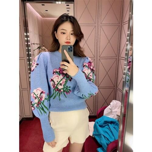 High Fashion Sweater Women Floral Jacquard Vintage Sweaters 2021 Autumn Winter Crew Neck Lantern Sleeve Pullover Sweater Jumpers