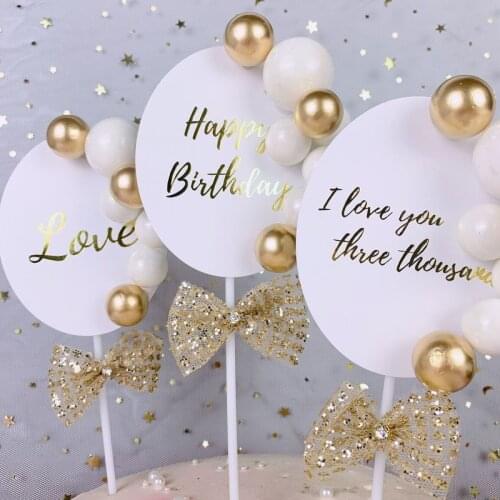 Gold Balloon Happy Birthday Cake Topper Mesh Bow Love Wedding Cupcake Topper For Valentines Day Birthday Party Cake Decorations