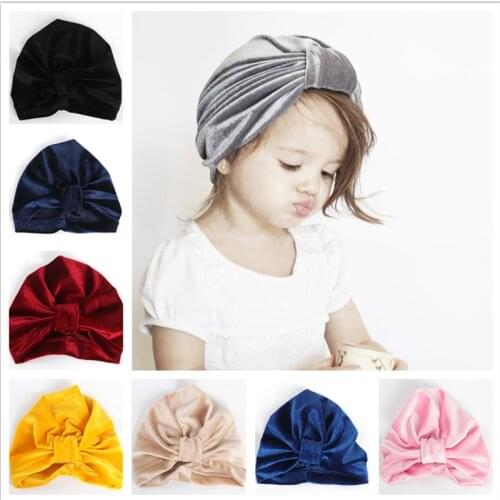 1pcs 2018 New Bebe Girls Velvet bows Knot Turban Beanie Hat Muslim India Hat Bohemian turbans cap