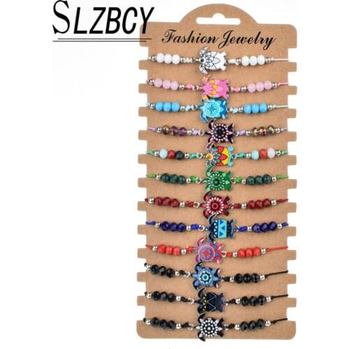 Bohemia 12 pcs/set Animal Turtle Charm Bracelets Set For Women Kids Adjustable Rope Crystal Beads Weave Bracelet Anklets Jewelry