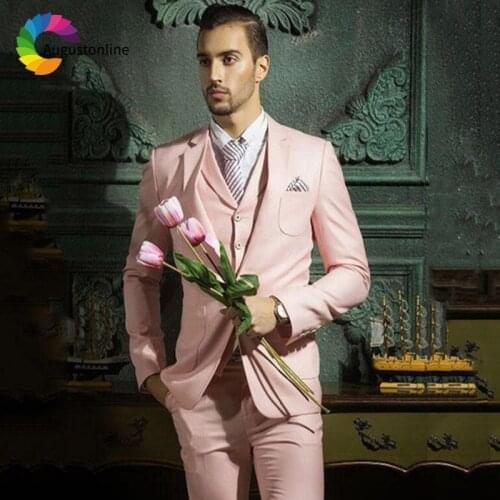 2019 Slim Fit Pink Men Suits For Wedding Bridegroom Groom Costume Evening Party Prom Formal Tuxedo Best Man Blazer Traje Hombre