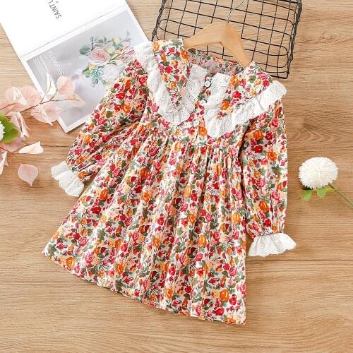 2021 Front Buttons Ditsy Floral Print Girls Dress Spring Autumn Baby Kids Long Sleeve Lace Patched Turn-down Collar Boho Dress