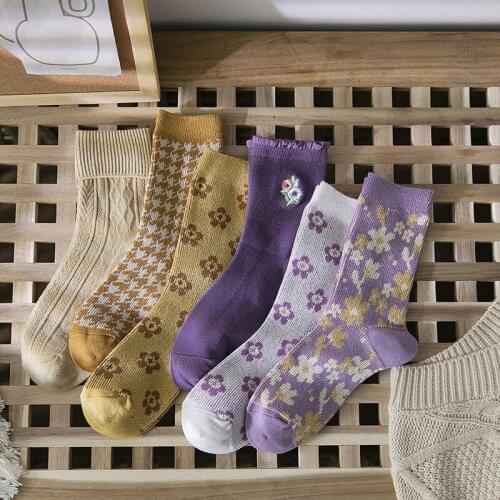 3pairs/set Winter Autumn New Product Casual Socks Korean Style Women Cartoon Flower Cotton Tide Long Socks