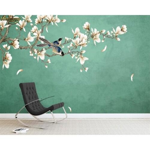 Beibehang Custom 3d wallpaper mural new chinese classical hand-painted magnolia flower pen and bird background wall paper