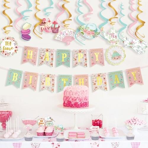 Happy Birthday Banner Deoration Garland Garden Tea Party Decoration for Kids Birthday Party Cake Topper Cake Decor Garden Decor
