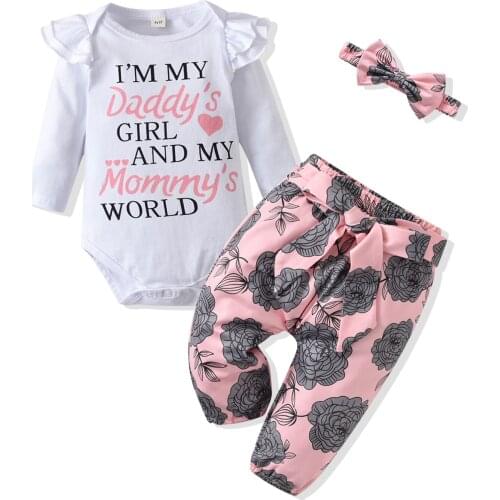 Brand New Infant Baby Girls Toddler Clothing Sets Printed Fall Outfits Fly Sleeve Newborn Triangle Rompers Bow Pants Bandana Set