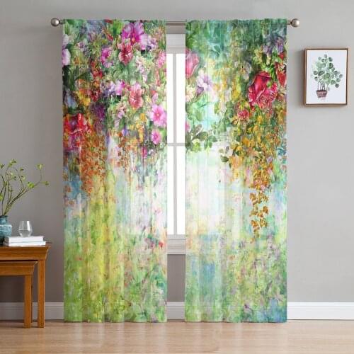 Flower Watercolor Vineman Rose Morning Glory Tulle Window Treatment Sheer Curtains for Living Room the Bedroom Decoration