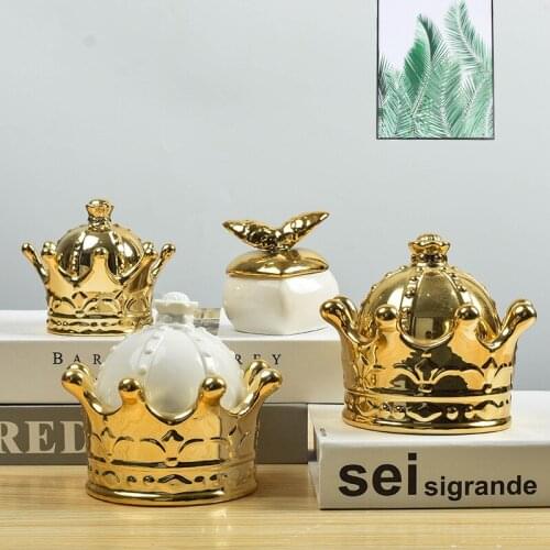 European Crown Jewelry Storage Box Plating Candy Pot Organize Container Ceramics Creative Desktop Ornament Wedding Decoration