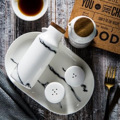 Porcelain Olive Soy Seasoning Party Favors Marble Ceramic Salt Pepper Oil Bottle Set Kitchen Cooking Tools Oil Vinegar Bottles
