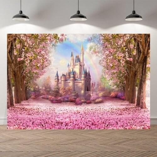NeoBack Spring Blossom Pink Sakura Castle View Photography Background Children Kids Birthday Photodcall Photo Backdrop Banner