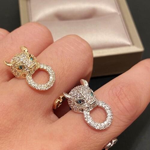 Leopard Head Ring Chain Icro-Inlaid Zircon Women Models Opening Adjustable Golden Silvery Jewelry Luxury Exquisite Holiday Gift