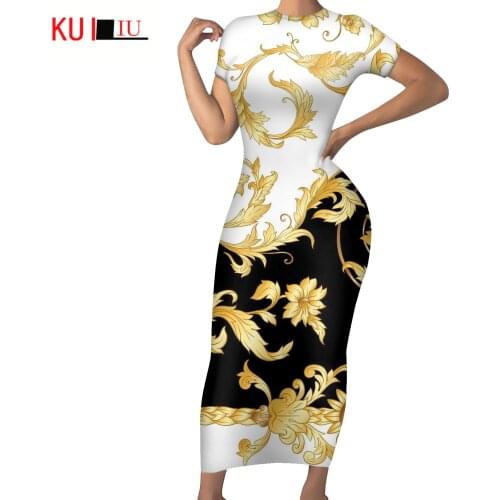 KUILIU Summer Vintage Slim Pencil Dresses for Womens Luxury Golden Pattern Brand Design Fashion Flowers Sexy Bodycon Dress