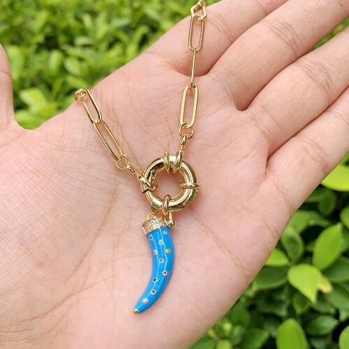 Chili CZ Micro Insert Rainbow Enamel Pendant With Brass Cubas Chain Necklace DIY Custom Trendy Jewelry Wholesale