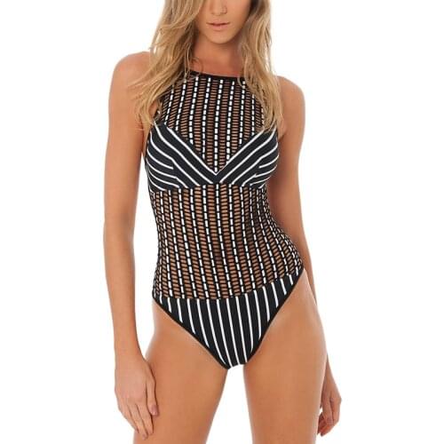 High Neck Swimsuit Women Splicing Hollow Out Bikinis Women Push Up Swimwear Women Cross Bandage Bathing suit Beach Wear Bodysuit